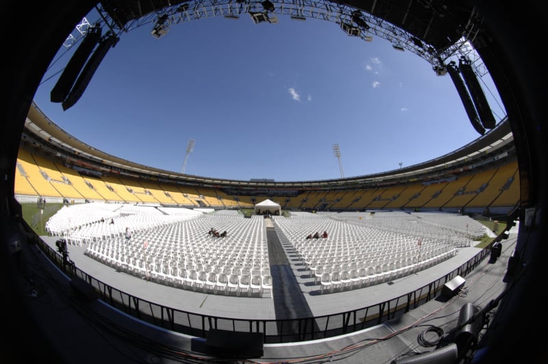 Wide stadium setup view before an Elton John concert at Westpac Stadium in Wellington.
