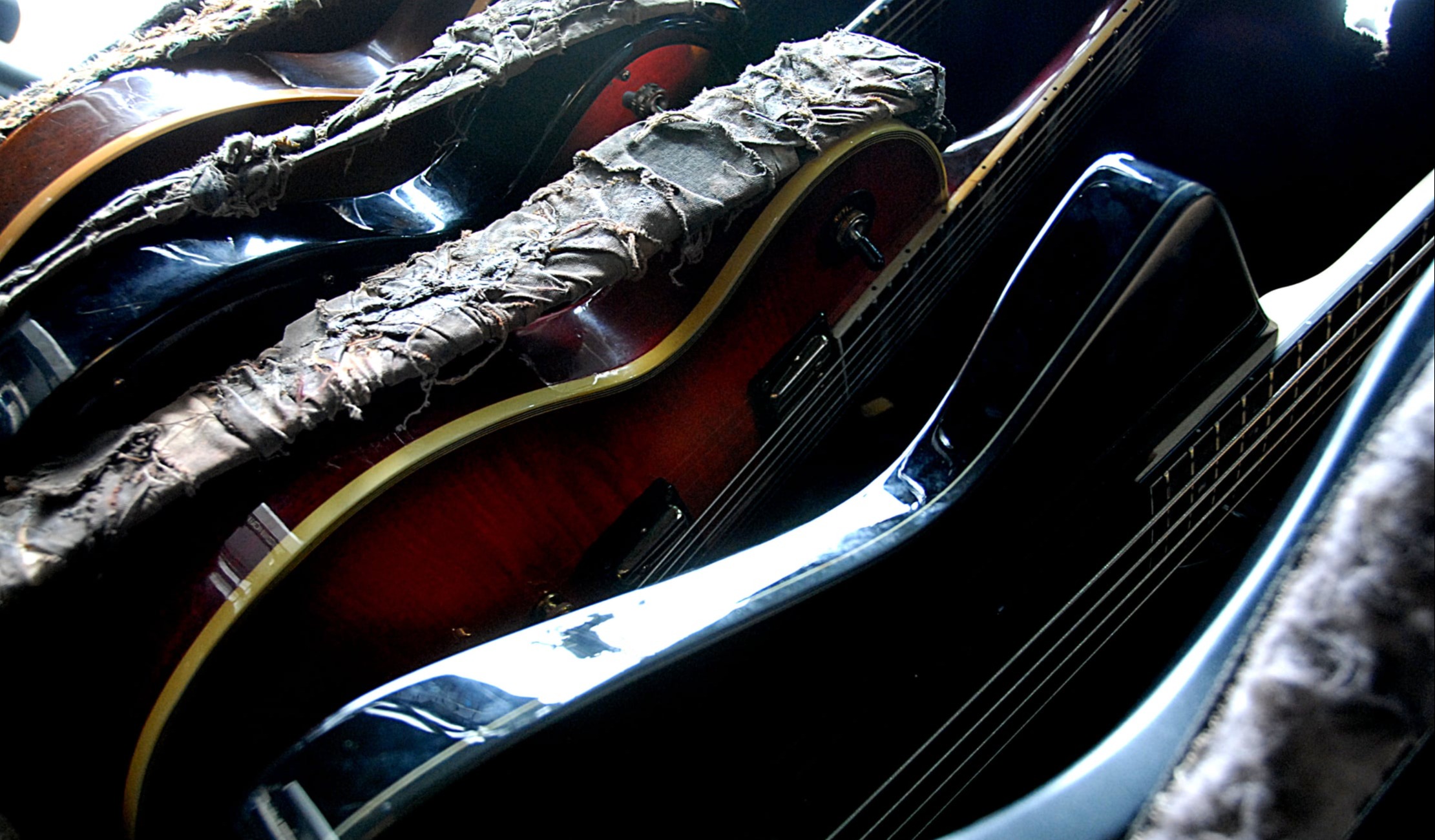 Close-up of backstage guitars prepared for ROCK2WGTN at Westpac Stadium in Wellington, New Zealand.
