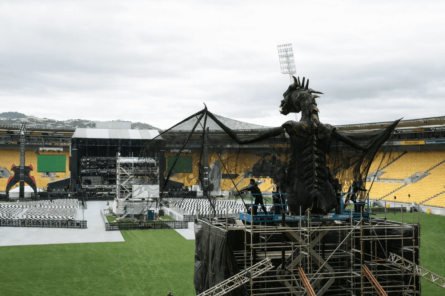 Dragon stage prop being installed at Westpac Stadium for Rock2Wgtn in Wellington.