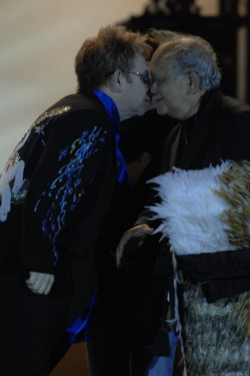 Elton John wearing a korowai during an on-stage presentation by Te Āti Awa at Bowl of Brooklands in New Plymouth.